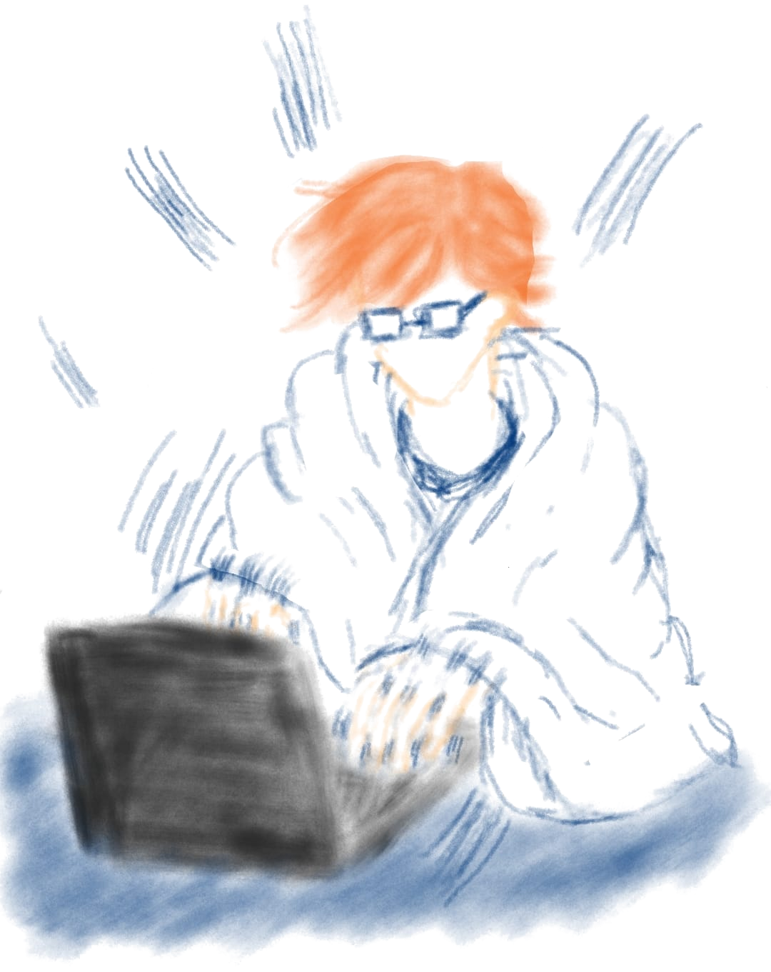 Illustration of a person working furiously on a laptop, wrapped in a blanket