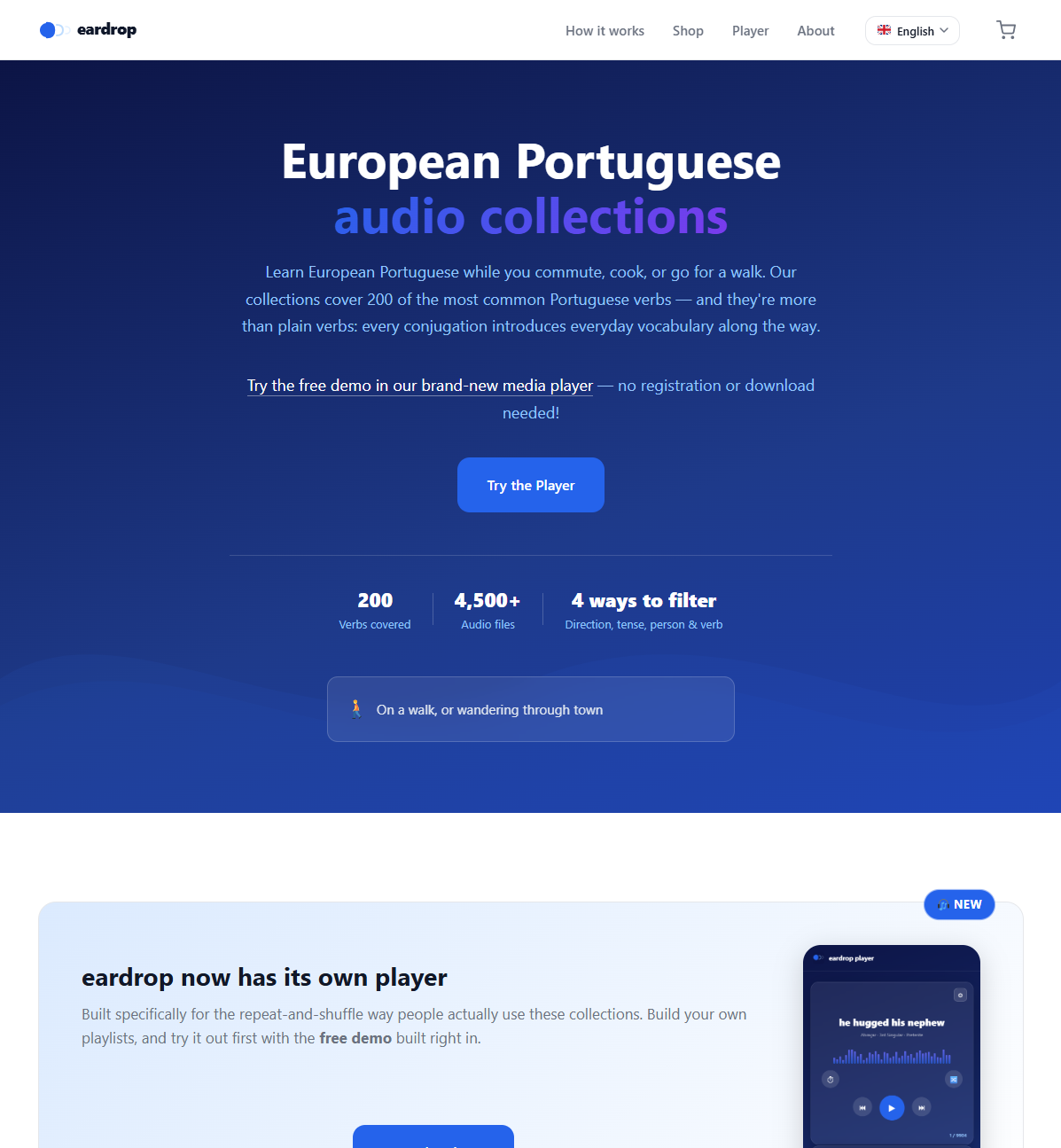 Captura de ecrã do site eardrop.io em computador