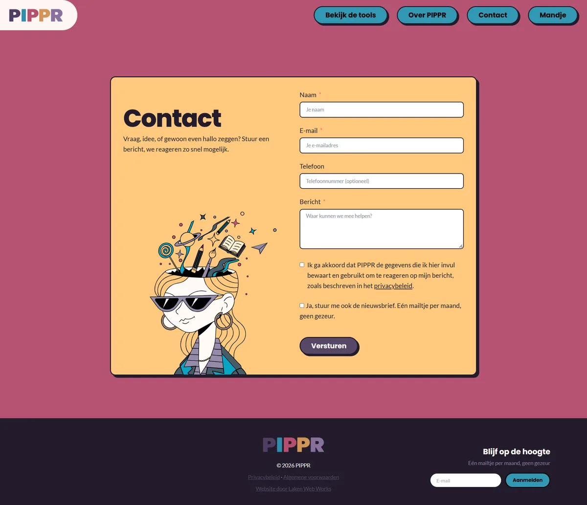 Captura de ecrã da página de contacto de pippr.nl